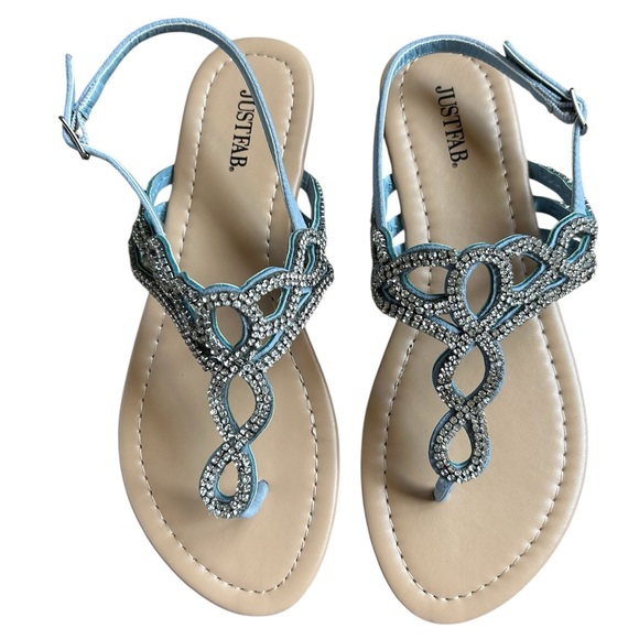 JustFab ‘Ellentine’ Rhinestone Flat Light Blue Sandals - Picture 1 of 3
